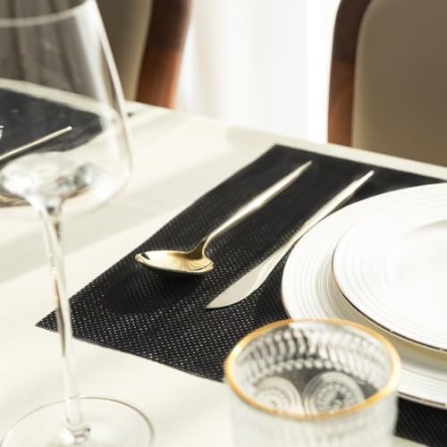 Placemats Set of 12 Vinyl/Plastic Woven Place Mats for Kitchen Table Indoor/Outdoor Washable Placemat Wipeable Dining Table Mats (Full Black,12)