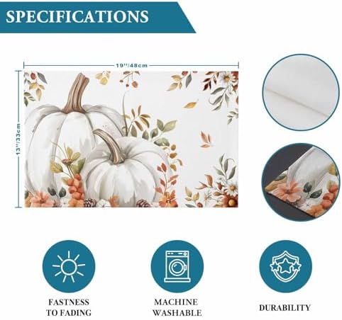 Fall Floral Leaves Placemat, Thanksgiving Pumpkins Heat Resistant Washable Table Place Mats Boho Cotton Table Linens Party Holiday Decorations for Home Kitchen Dining Table Outdoor Indoor,