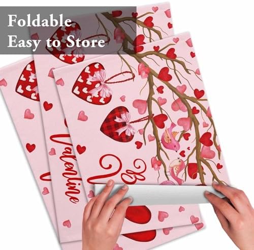 Pink Valentine's Day Placemats Set of 6, Red Love Heart Tree Heat Resistant Washable Table Mats Be My Valentine Cotton Table Linens Party Holiday Decor for Home Kitchen Dining Table Outdoor Indoor