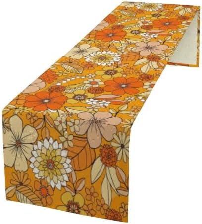 Floral Table Runner Retro 70s Hippie Daisy Flower Peace Love Birthday Party Retro Kitchen Dinning Home Decoration 13x36 Inch
