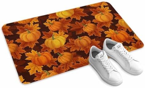 Fall Door Mat Orange Harvest Pumpkin Doormat Autumn Maple Leaf Harvest Thanksgiving Welcome Mat Non Slip Rubber Entryway Front Rug Floor Mat for Indoor Outdoor Kitchen Autumn Holiday Home Decor 16x24
