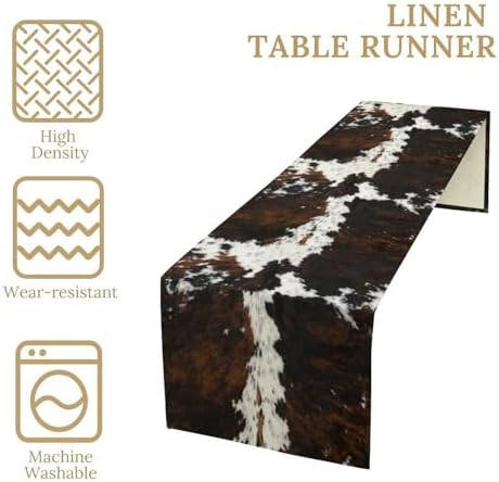 Vintage Cow Print Table Runner, Rustic Cottage Country Farm Animal Fur Skin Pattern Western Style Black Brown Cowhide Print Dinner Runner for Home Kitchen Dining Table Decoration 13x90 Inch