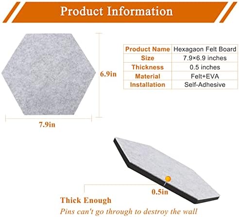 8Pcs Hexagon Felt Cork Board Tiles, Self Adhesive DIY Bulletin Board Pin Board for Office School Home Wall Decor Memos Photos Display (Light Grey)