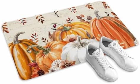 Fall Door Mat Harvest Pumpkin Doormat Orange Flower Eucalyptus Leaves Beige Harvest Thanksgiving Welcome Mat Non Slip Entryway Front Rug Floor Mat for Indoor Outdoor Kitchen Autumn Holiday Decor 24x36