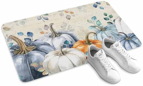 Fall Door Mat Blue Pumpkin Doormat Eucalyptus Leaves Branch Harvest Thanksgiving Welcome Mat Non Slip Rubber Entryway Front Rug Floor Mat for Indoor Outdoor Kitchen Autumn Holiday Home Decor 20x32