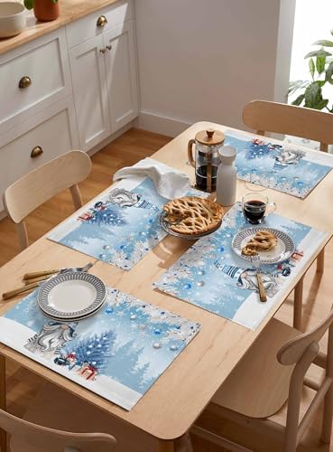 Christmas Gnome Placemat 1PC, Winter Merry Christmas Tree Balls Heat Resistant Washable Table Place Mats Blue Cotton Table Linens Party Holiday Decor for Kitchen Dining Outdoor Indoor