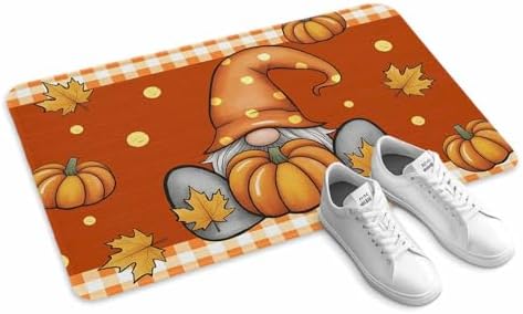 Fall Door Mat Pumpkin Gnome Doormat Maple Leaf Orange Buffalo Plaid Harvest Thanksgiving Welcome Mat Non Slip Rubber Entryway Front Rug Floor Mat for Indoor Outdoor Kitchen Autumn Holiday Decor 20x32