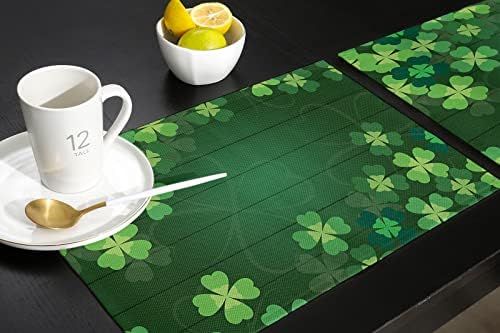 St. Patrick's Day Lucky Clovers Placemats Set of 6, Rustic Vintage Farm Wood Cotton Linen Heat Resistant Table Mats Washable Spring Holidays Decorations for Kitchen Dining Table Green Spring Holiday