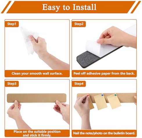 8Pcs Rectangle Felt Cork Board Bar Strips with 35 Pushpins, Self-Adhesive Bulletin Board Strips for Office School Home Wall Decor Stickers Memos Schedules Photos Display -Gradual Red