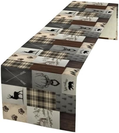Rustic Cabin Moose Deer Bear Table Runner, Retro Vintage Bear Cottage Country Style Cabin Farmhouse Dinner Runner for Home Kitchen Dining Table Decoration 13"x70"