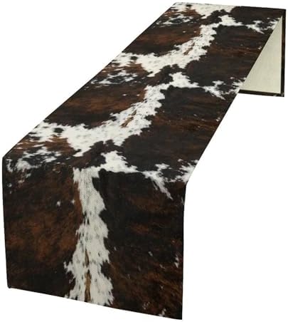 Vintage Cow Print Table Runner, Rustic Cottage Country Farm Animal Fur Skin Pattern Western Style Black Brown Cowhide Print Dinner Runner for Home Kitchen Dining Table Decoration 13x90 Inch