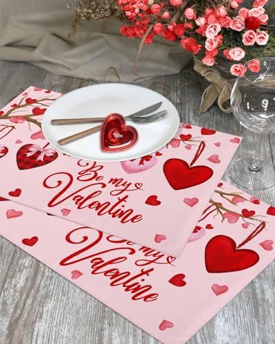 Pink Valentine's Day Placemats Set of 6, Red Love Heart Tree Heat Resistant Washable Table Mats Be My Valentine Cotton Table Linens Party Holiday Decor for Home Kitchen Dining Table Outdoor Indoor