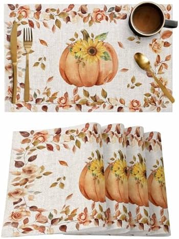 Boho Fall Placemat, Thanksgiving Watercolor Pumpkins Heat Resistant Washable Table Place Mats Sunflowers Eucalyptus Table Linens Party Holiday Decor for Home Kitchen Dining Outdoor Indoor,
