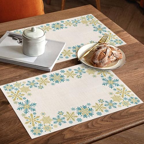 Gold Blue Snowflakes Christmas Placemats Set of 6, Winter Xmas Holiday Heat Resistant Washable Table Place Mats Beige Cotton Table Linens Party Holiday Decor for Kitchen Dining Outdoor Indoor