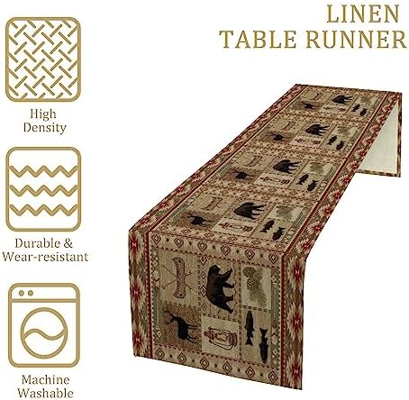 Vintage Rustic Cabin Bear Table Runner,Cottage Country Style Pine Tree Elk Wildlife Dinner Runner for Home Kitchen Dining Table Decoration 13"x90"