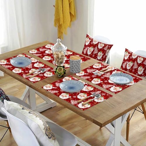 Red Christmas Placemat 1PC, Santa Claus Merry Christmas Tree Heat Resistant Washable Table Place Mats Winter Snowflake Cotton Table Linens Party Holiday Decor for Kitchen Dining Outdoor Indoor
