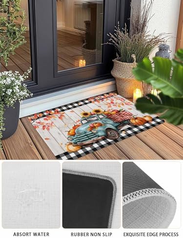 Fall Door Mat Harvest Pumpkin Teal Truck Doormat Sunflower Maple Leaves Wood Plaid Harvest Thanksgiving Welcome Mat Non Slip Entryway Front Rug Floor Mat for Indoor Outdoor Kitchen Autumn 20x32
