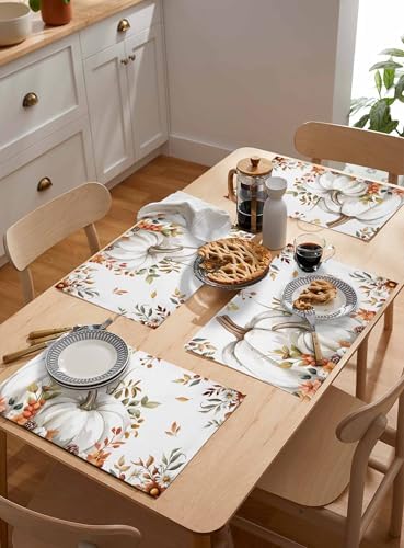 Fall Floral Leaves Placemat, Thanksgiving Pumpkins Heat Resistant Washable Table Place Mats Boho Cotton Table Linens Party Holiday Decorations for Home Kitchen Dining Table Outdoor Indoor,