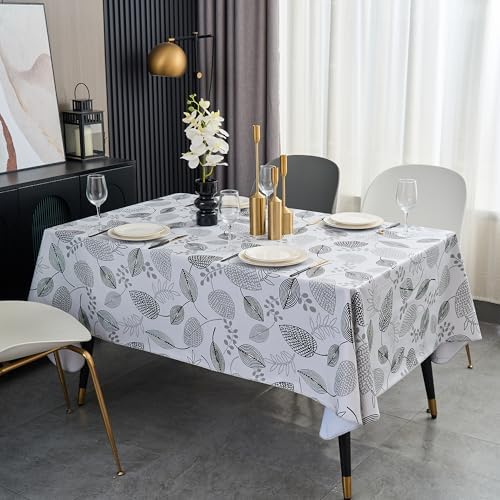 LIBERECOO Monochrome Leaf Whisper Vinyl Tablecloth with Flannel Backing – Elegant Black & White Leaf Design – Waterproof, Durable, Lightweight