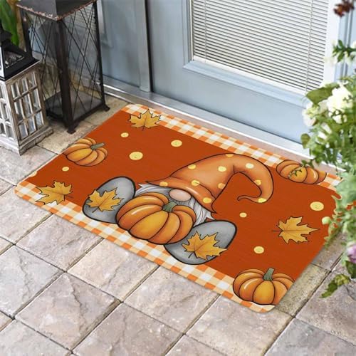 Fall Door Mat Pumpkin Gnome Doormat Maple Leaf Orange Buffalo Plaid Harvest Thanksgiving Welcome Mat Non Slip Rubber Entryway Front Rug Floor Mat for Indoor Outdoor Kitchen Autumn Holiday Decor 20x32