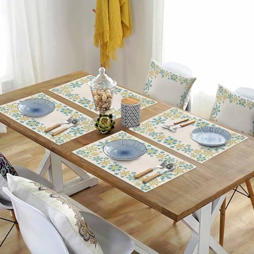 Gold Blue Snowflakes Christmas Placemats Set of 6, Winter Xmas Holiday Heat Resistant Washable Table Place Mats Beige Cotton Table Linens Party Holiday Decor for Kitchen Dining Outdoor Indoor