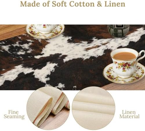 Vintage Cow Print Table Runner, Rustic Cottage Country Farm Animal Fur Skin Pattern Western Style Black Brown Cowhide Print Dinner Runner for Home Kitchen Dining Table Decoration 13x90 Inch