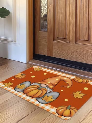 Fall Door Mat Pumpkin Gnome Doormat Maple Leaf Orange Buffalo Plaid Harvest Thanksgiving Welcome Mat Non Slip Rubber Entryway Front Rug Floor Mat for Indoor Outdoor Kitchen Autumn Holiday Decor 20x32