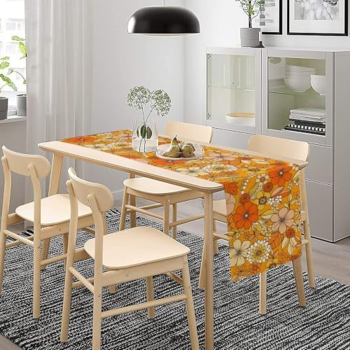 Floral Table Runner Retro 70s Hippie Daisy Flower Peace Love Birthday Party Retro Kitchen Dinning Home Decoration 13x36 Inch