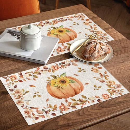 Boho Fall Placemat, Thanksgiving Watercolor Pumpkins Heat Resistant Washable Table Place Mats Sunflowers Eucalyptus Table Linens Party Holiday Decor for Home Kitchen Dining Outdoor Indoor,