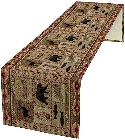 Vintage Rustic Cabin Bear Table Runner,Cottage Country Style Pine Tree Elk Wildlife Dinner Runner for Home Kitchen Dining Table Decoration 13"x90"