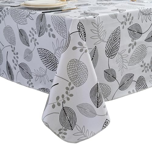 LIBERECOO Monochrome Leaf Whisper Vinyl Tablecloth with Flannel Backing Elegant Black & White Leaf Design Waterproof, Durable, Lightweight 54x72 Inch