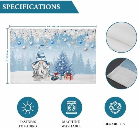 Christmas Gnome Placemat 1PC, Winter Merry Christmas Tree Balls Heat Resistant Washable Table Place Mats Blue Cotton Table Linens Party Holiday Decor for Kitchen Dining Outdoor Indoor