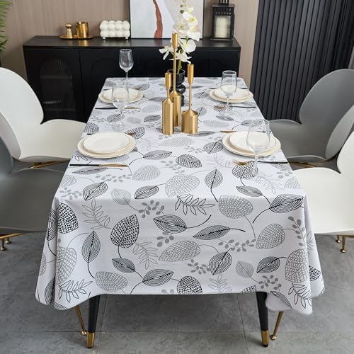 LIBERECOO Monochrome Leaf Whisper Vinyl Tablecloth with Flannel Backing – Elegant Black & White Leaf Design – Waterproof, Durable, Lightweight