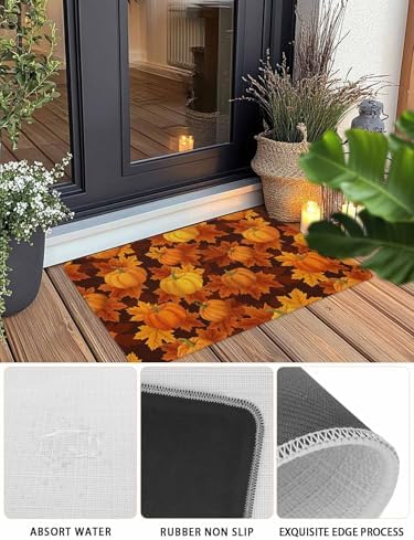 Fall Door Mat Orange Harvest Pumpkin Doormat Autumn Maple Leaf Harvest Thanksgiving Welcome Mat Non Slip Rubber Entryway Front Rug Floor Mat for Indoor Outdoor Kitchen Autumn Holiday Home Decor 16x24