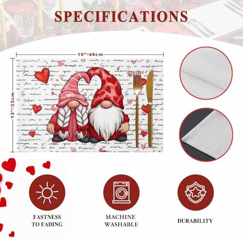 Valentine's Day Placemats Set of 6, Gnome Couple Place Mats Washable Dining Table Mats Wedding Anniversary Party Romantic Valentines Decor for Kitchen&Linens Outdoor Indoor, Red Love Heart Letter
