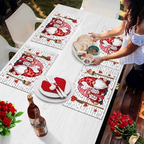 Valentine's Day Placemats Set of 6, Gnome Couple Place Mats Washable Dining Table Mats Wedding Anniversary Party Romantic Valentines Decor for Kitchen&Linens Outdoor Indoor, Red Love Heart Letter