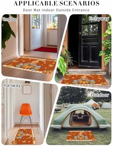 Fall Door Mat Pumpkin Gnome Doormat Maple Leaf Orange Buffalo Plaid Harvest Thanksgiving Welcome Mat Non Slip Rubber Entryway Front Rug Floor Mat for Indoor Outdoor Kitchen Autumn Holiday Decor 20x32