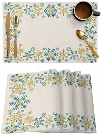 Gold Blue Snowflakes Christmas Placemats Set of 6, Winter Xmas Holiday Heat Resistant Washable Table Place Mats Beige Cotton Table Linens Party Holiday Decor for Kitchen Dining Outdoor Indoor