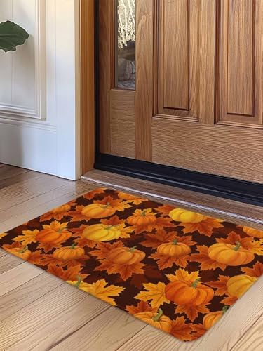 Fall Door Mat Orange Harvest Pumpkin Doormat Autumn Maple Leaf Harvest Thanksgiving Welcome Mat Non Slip Rubber Entryway Front Rug Floor Mat for Indoor Outdoor Kitchen Autumn Holiday Home Decor 16x24