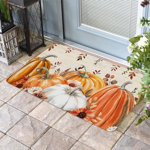 Fall Door Mat Harvest Pumpkin Doormat Orange Flower Eucalyptus Leaves Beige Harvest Thanksgiving Welcome Mat Non Slip Entryway Front Rug Floor Mat for Indoor Outdoor Kitchen Autumn Holiday Decor 16x24