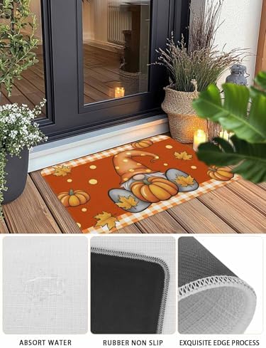 Fall Door Mat Pumpkin Gnome Doormat Maple Leaf Orange Buffalo Plaid Harvest Thanksgiving Welcome Mat Non Slip Rubber Entryway Front Rug Floor Mat for Indoor Outdoor Kitchen Autumn Holiday Decor 20x32