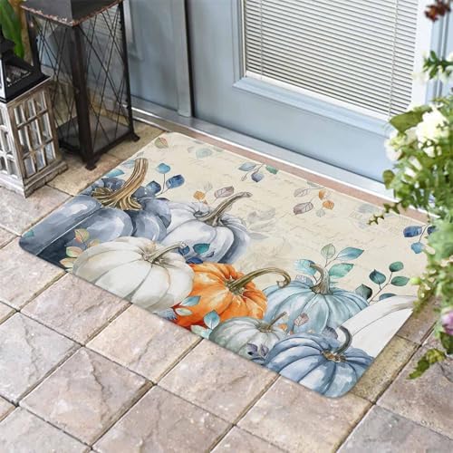 Fall Door Mat Blue Pumpkin Doormat Eucalyptus Leaves Branch Harvest Thanksgiving Welcome Mat Non Slip Rubber Entryway Front Rug Floor Mat for Indoor Outdoor Kitchen Autumn Holiday Home Decor 20x32