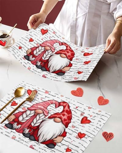 Valentine's Day Placemats Set of 6, Gnome Couple Place Mats Washable Dining Table Mats Wedding Anniversary Party Romantic Valentines Decor for Kitchen&Linens Outdoor Indoor, Red Love Heart Letter