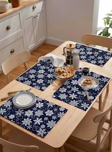 Christmas Placemats Set of 6, White Navy Snowflakes Pattern Heat Resistant Washable Table Place Mats Winter Cotton Table Linens Party Holiday Decor for Kitchen Dining Outdoor Indoor