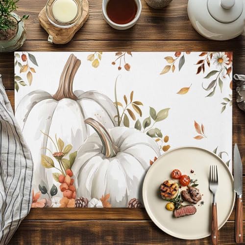 Fall Floral Leaves Placemat, Thanksgiving Pumpkins Heat Resistant Washable Table Place Mats Boho Cotton Table Linens Party Holiday Decorations for Home Kitchen Dining Table Outdoor Indoor,