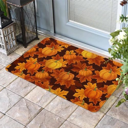 Fall Door Mat Orange Harvest Pumpkin Doormat Autumn Maple Leaf Harvest Thanksgiving Welcome Mat Non Slip Rubber Entryway Front Rug Floor Mat for Indoor Outdoor Kitchen Autumn Holiday Home Decor 18x30