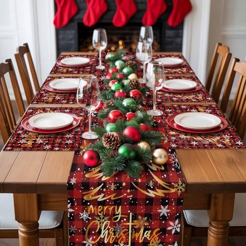 Merry Christmas Placemats Set of 4, Gold Xmas Tree Heat Resistant Washable Table Place Mats Red Black Buffalo Plaid Pattern Cotton Table Linens Party Holiday Decor for Kitchen Dining Outdoor Indoor
