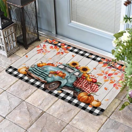 Fall Door Mat Harvest Pumpkin Teal Truck Doormat Sunflower Maple Leaves Wood Plaid Harvest Thanksgiving Welcome Mat Non Slip Entryway Front Rug Floor Mat for Indoor Outdoor Kitchen Autumn 20x32