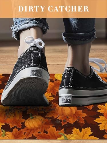Fall Door Mat Orange Harvest Pumpkin Doormat Autumn Maple Leaf Harvest Thanksgiving Welcome Mat Non Slip Rubber Entryway Front Rug Floor Mat for Indoor Outdoor Kitchen Autumn Holiday Home Decor 16x24