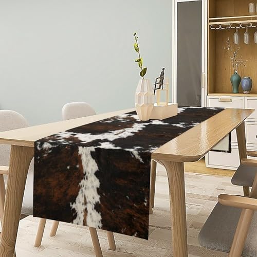 Vintage Cow Print Table Runner, Rustic Cottage Country Farm Animal Fur Skin Pattern Western Style Black Brown Cowhide Print Dinner Runner for Home Kitchen Dining Table Decoration 13x90 Inch